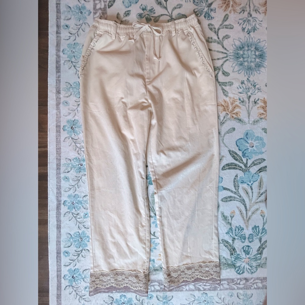 Cream Linen Pants with Lavender Lace Trim & Embroidered Florals
